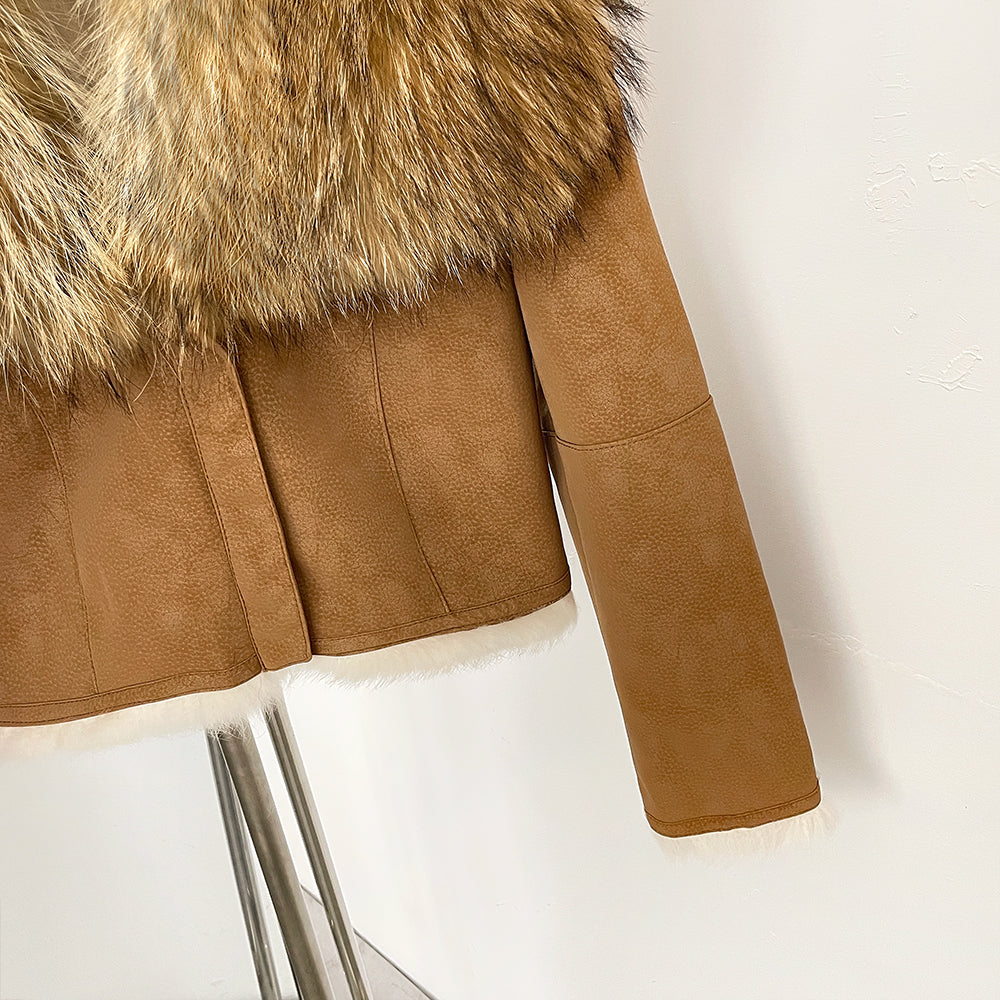 OFTBUY Luxury Suede Jacket with Real Rabbit Fur Lining & Oversized Fox/Raccoon Fur Collar