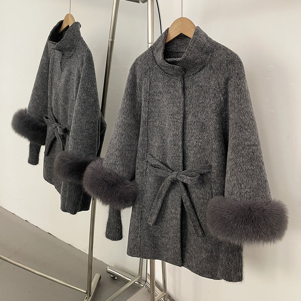 OFTBUY High Collar Belt Real Fox Fur Wool Coat Female New Autumn Winter Knitted Sleeves Woolen Clothes Women Alpaca Loose Jacket