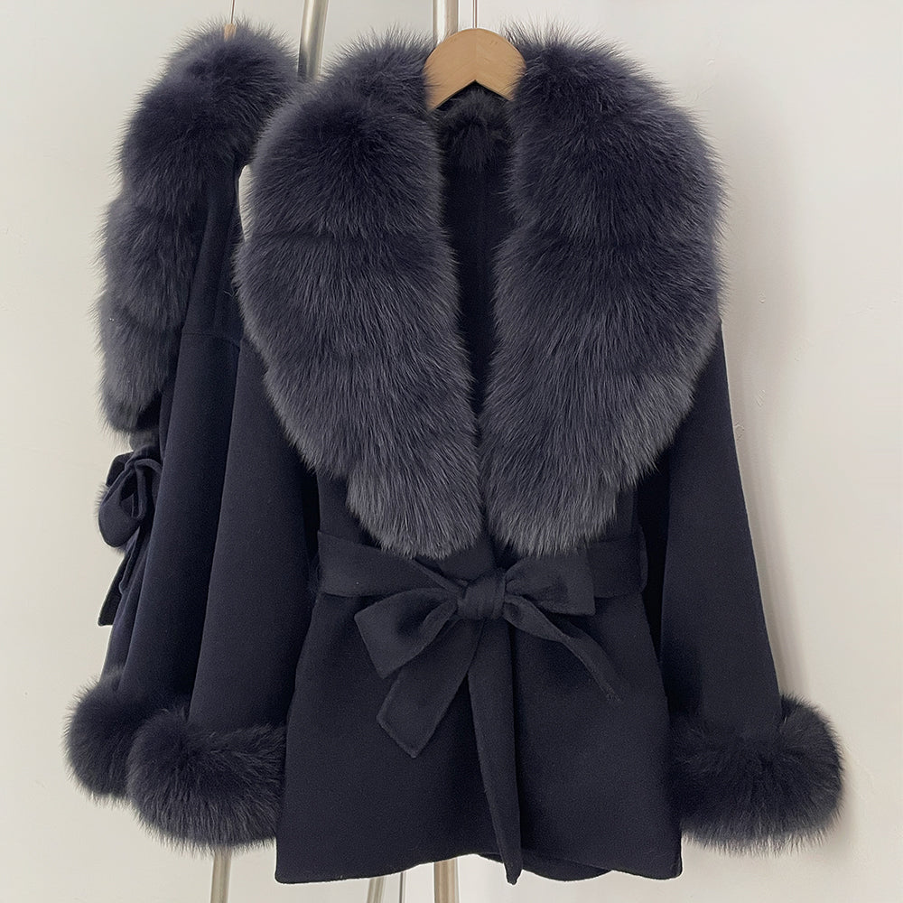 OFTBUY New Women's Double-Faced Wool Coat with Large Real Fox Fur Belted Warm Jacket Winter Elegant Fashion Outerwear Female