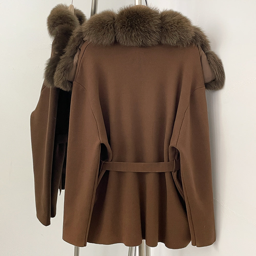 OFTBUY New Women's Knit Cardigan with Oversized Real Fox Fur Collar Belt Luxury Warm Winter Outerwear Sweater Jacket Female