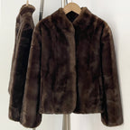 Rich chocolate brown faux mink fur short jacket front shot