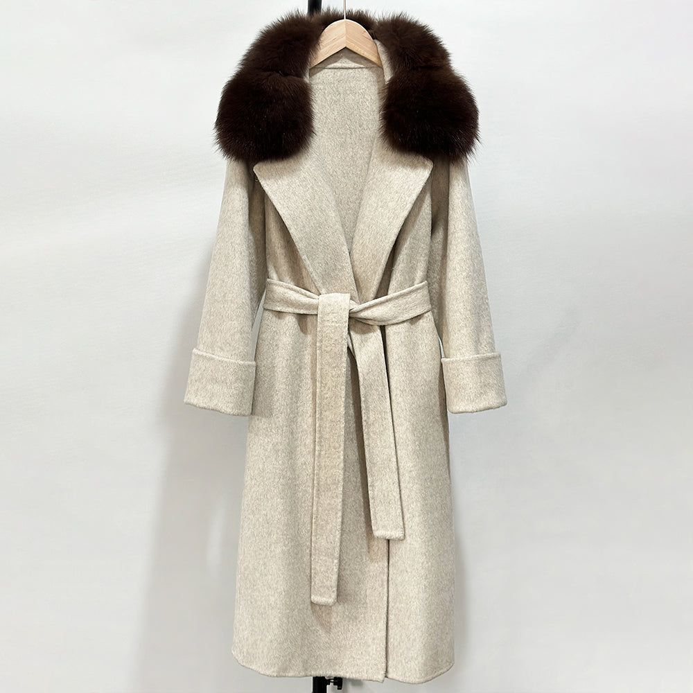 OFTBUY Belted Warm Winter Elegant Fashion Outerwear Female New Women's Double-Faced Wool Coat with Large Real Fox Fur Collar