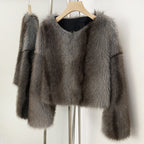 OFTBUY Luxury Collarless Faux Fur Jacket - Chic Short Fluffy Vegan Fur Coat for Women