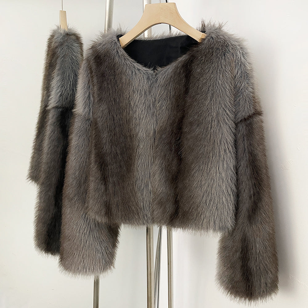 OFTBUY Luxury Collarless Faux Fur Jacket - Chic Short Fluffy Vegan Fur Coat for Women