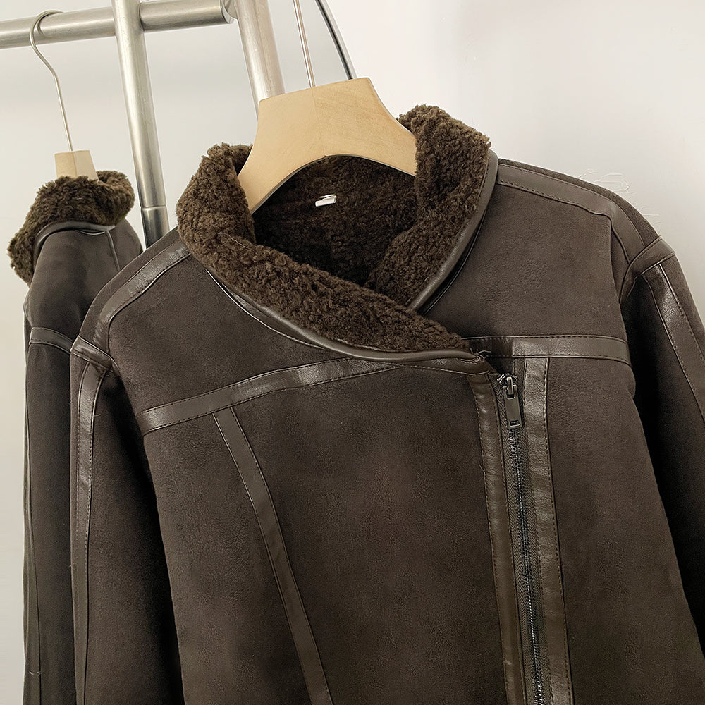 OFTBUY New Women's Faux Suede Shearling Jacket Female Zipper Lapel Collar Warm Autumn Winter Biker Coat Fashion Casual Outerwear