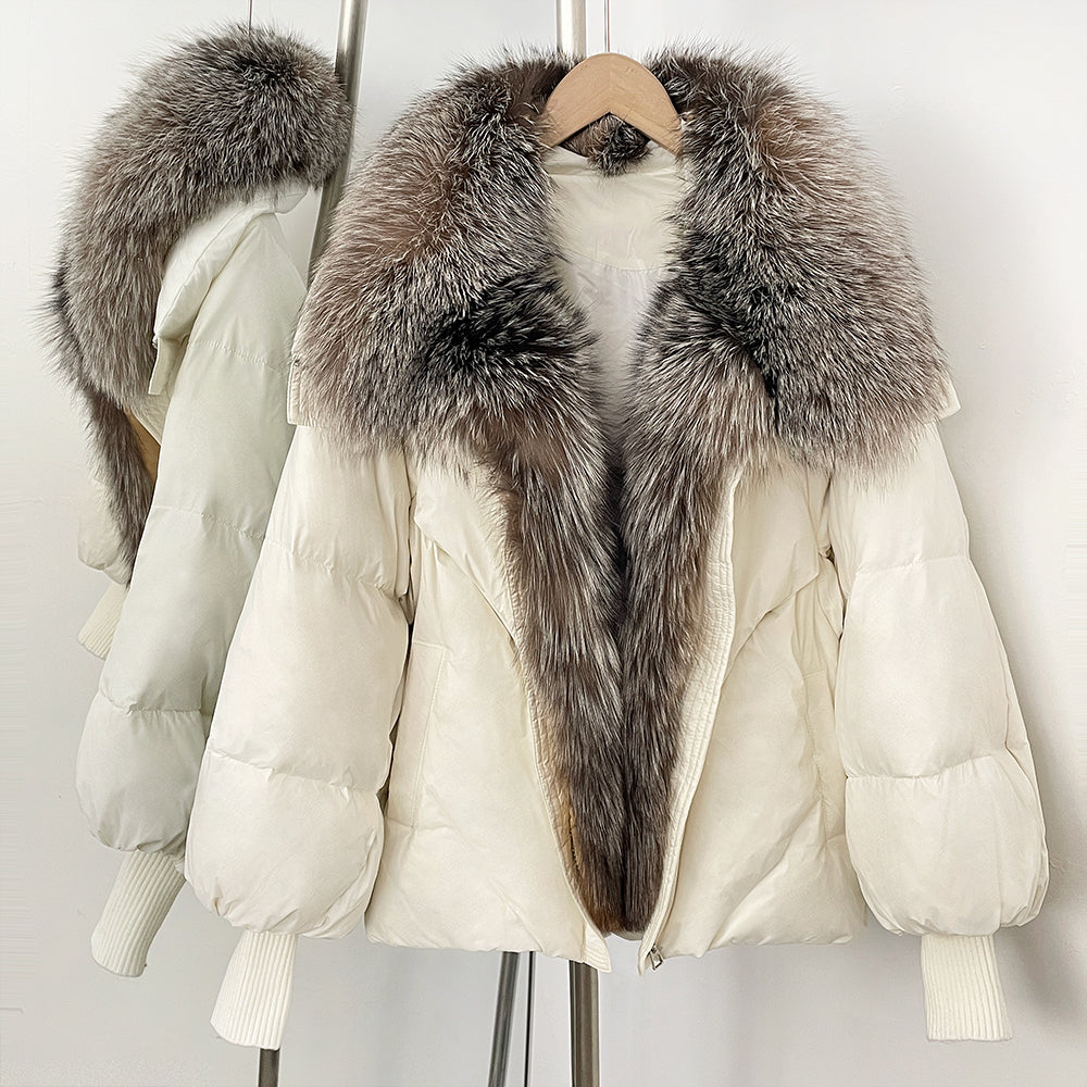 OFTBUY New Puffy Sleeve Warm Loose Puffer Jacket Winter Luxury Outerwear Women's Duck Down Jacket with Large Real Fox Fur Collar