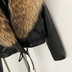 OFTBUY Women's Black Faux Leather Moto Jacket with Real Fox Fur Collar PU Leather Cropped Biker Coat Female New Winter Outerwear