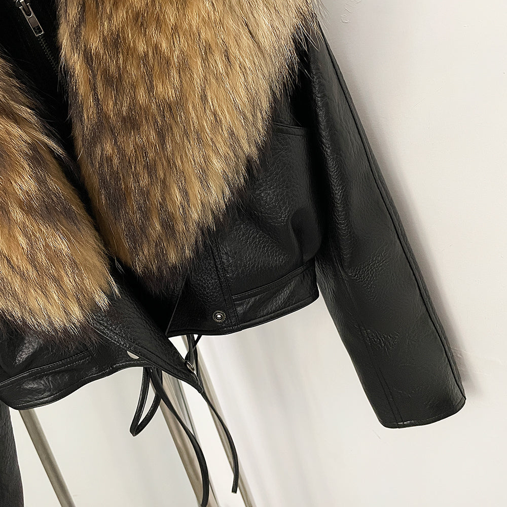 OFTBUY Women's Black Faux Leather Moto Jacket with Real Fox Fur Collar PU Leather Cropped Biker Coat Female New Winter Outerwear