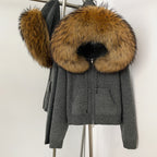 OFTBUY New Women's Beige Knit Hoodie with Large Real Fox Fur Trim Zipper Pockets Warm Winter Fashion Casual Outerwear Lady