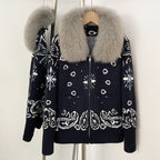 OFTBUY Women's Vintage Real Fox Fur Collar Knit Cardigan Paisley Print Zip Up Sweater Jacket Female Warm Winter Luxury Outerwear