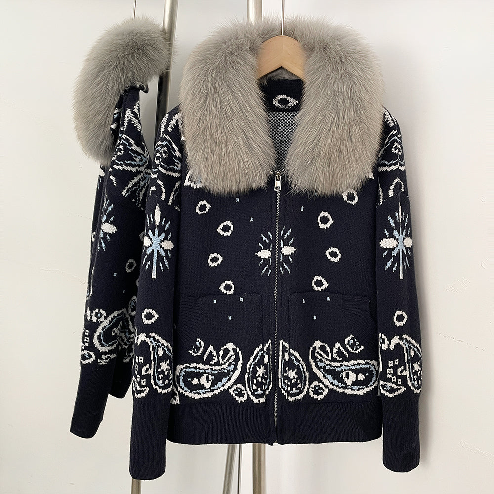 OFTBUY Women's Vintage Real Fox Fur Collar Knit Cardigan Paisley Print Zip Up Sweater Jacket Female Warm Winter Luxury Outerwear