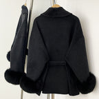 OFTBUY 100% Wool Wrap Belted Short Coat - Wide Shawl Lapel Real Fox Fur Cuff Luxury Double Sided Wool Jacket
