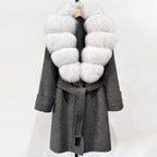 OFTBUY Natural Real Fox Fur Wool Blends Coat Women New Belt Pocket Winter Jacket Female Loose Woolen Outerwear Streetwear