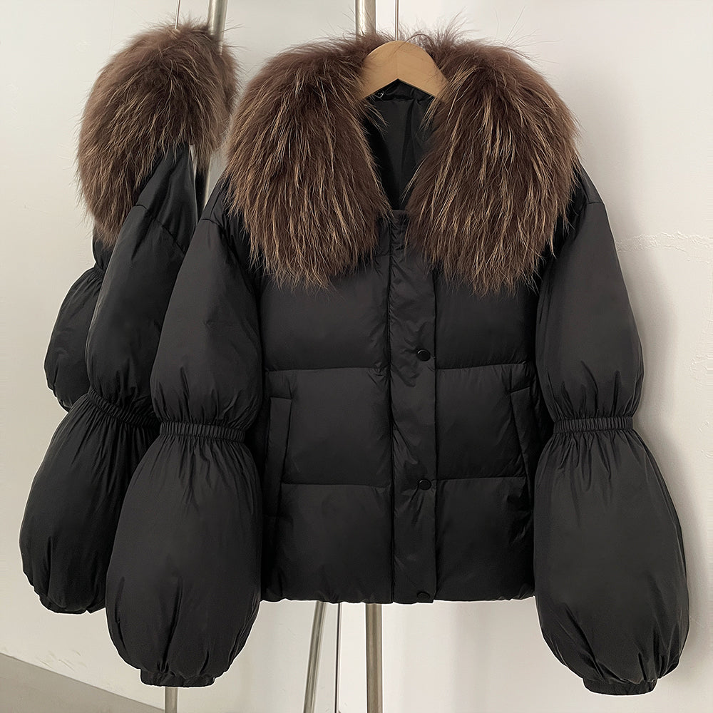 OFTBUY New Winter Loose Top Clothes Women Real Fox Fur Fluffy Puffer Jacket Female Lantern Sleeves Natural Fur Collar Down Coat