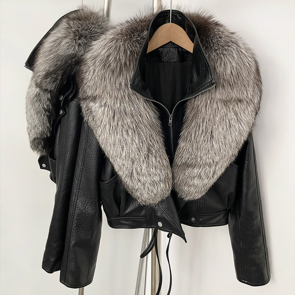 OFTBUY Women's Black Faux Leather Moto Jacket with Real Fox Fur Collar PU Leather Cropped Biker Coat Female New Winter Outerwear