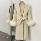 OFTBUY New Women's Double-Faced Wool Coat with Real Fox Fur Cuffs Wide Lapel Belted Bow Long Warm Winter Elegant Outerwear Lady