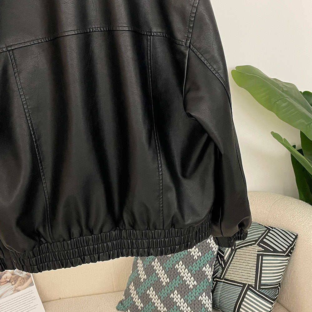 OFTBUY Women's Faux Leather Zip Up Jacket Lapel Collar PU Coat with Pockets new autumn winter Casual Vintage Outerwear female