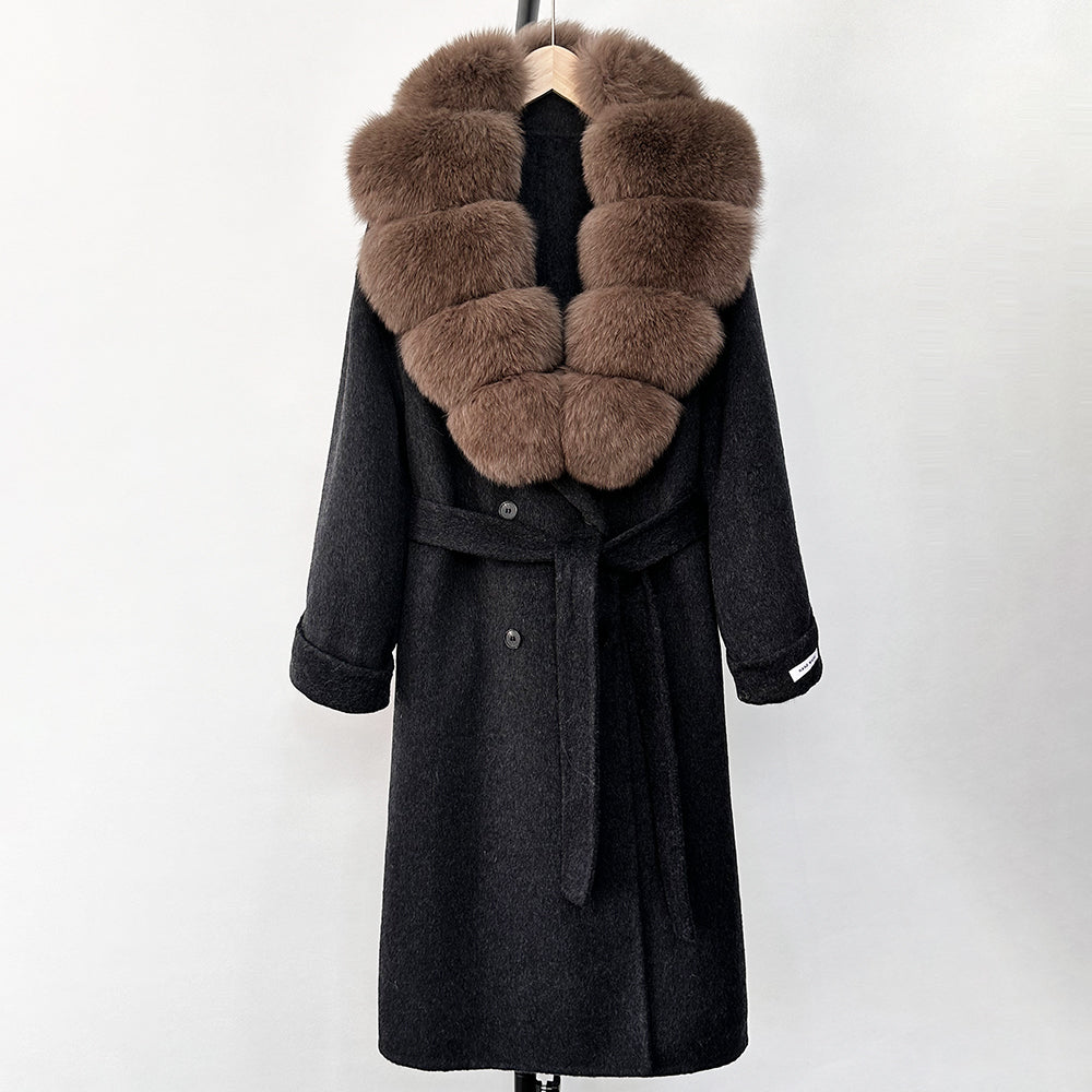 OFTBUY Winter Jacket Women Woolen Blends Coat Natural Real Fox Fur Collar Belt Loose Outerwear Casual Outerwear Streetwear