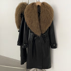 OFTBUY New Women's Long Faux Leather Trench Coat with Real Mongolian Sheep Fur Collar Belted Waist Luxury Jacket Warm Outerwear