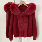 OFTBUY Luxury Viscose Blend Knitted Jacket with Real Fox Fur Hood & Trim - Premium Zip-Up Sweater with Oversized Fur Collar
