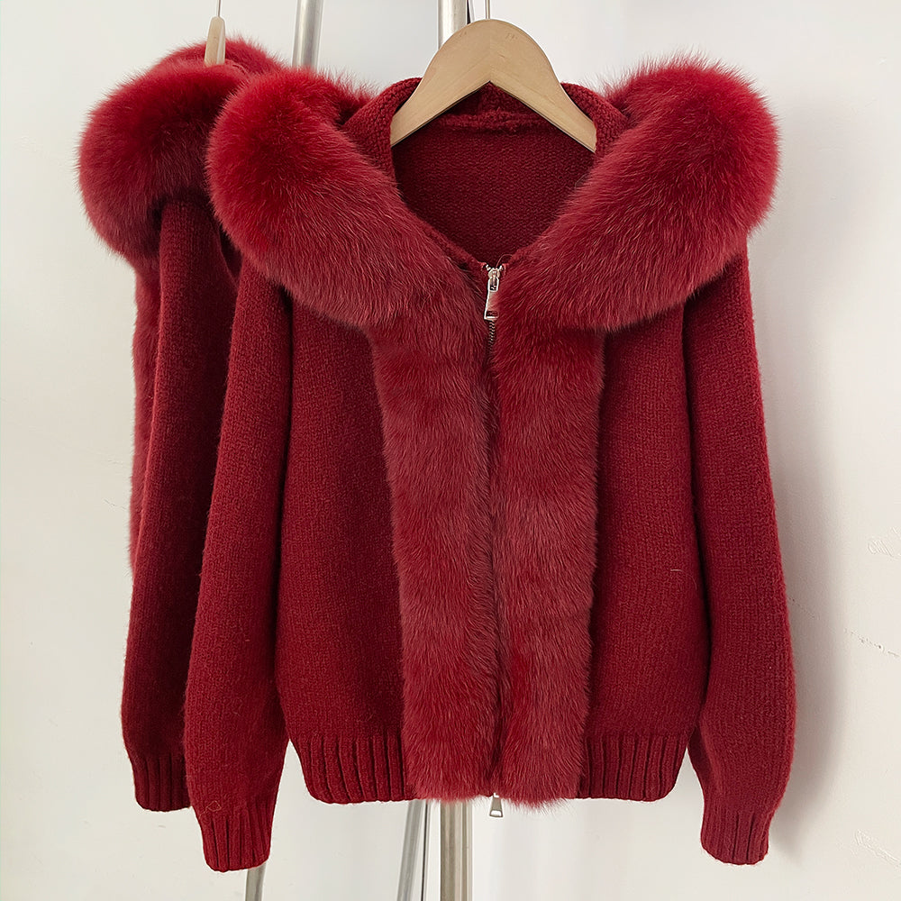 OFTBUY Luxury Viscose Blend Knitted Jacket with Real Fox Fur Hood & Trim - Premium Zip-Up Sweater with Oversized Fur Collar