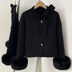OFTBUY Winter New Style Bowcroppedsleeve Opening Real Fox Fur Cuffs Wool Coat Double-sided Woolen Goods Overcoat Jacket Women