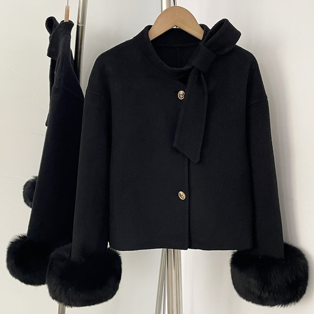 OFTBUY Winter New Style Bowcroppedsleeve Opening Real Fox Fur Cuffs Wool Coat Double-sided Woolen Goods Overcoat Jacket Women
