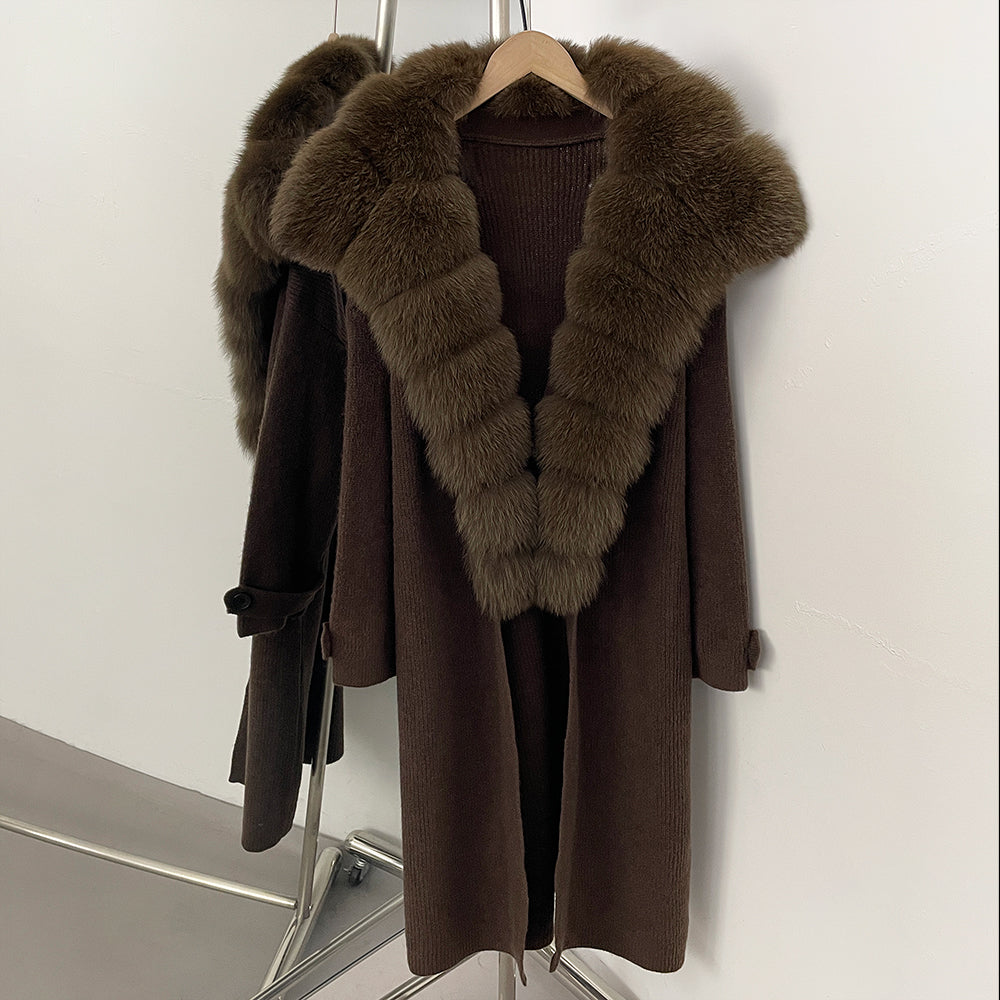 OFTBUY New Autumn Winter Knit Clothing Female Long Big Real Fox Fur Collar Sweater Women Warm Fashion Elegant Cardigan Coat