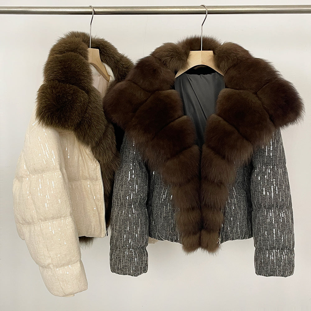 OFTBUY Sequined Duck Down Coat Female New Women's Short Puffer Jacket with Real Fox Fur Collar  Luxury Sparkly Winter Outerwear