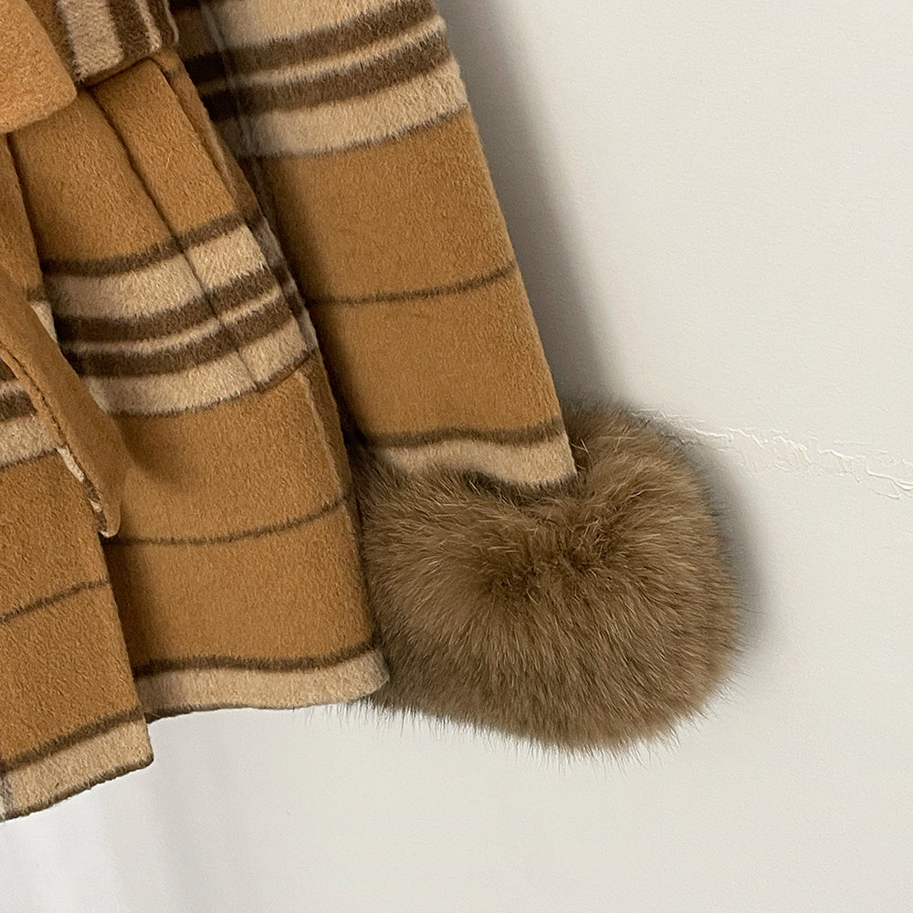 OFTBUY New Women's Double Face Wool Coat Plaid Pattern Real Fox Fur Cuffs Wide Collar Belted Waist Warm Winter Elegant Outerwear