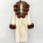 OFTBUY New Women's Double-Faced Wool Coat with Large Real Fox Fur Belted Warm Winter Luxury Fashion Outerwear Woolen Jacket Lady