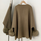 OFTBUY New Women's Double-Faced Wool Coat with Real Fox Fur Cuffs Round Neck Warm Winter Elegant Fashion Outerwear Woolen Coat