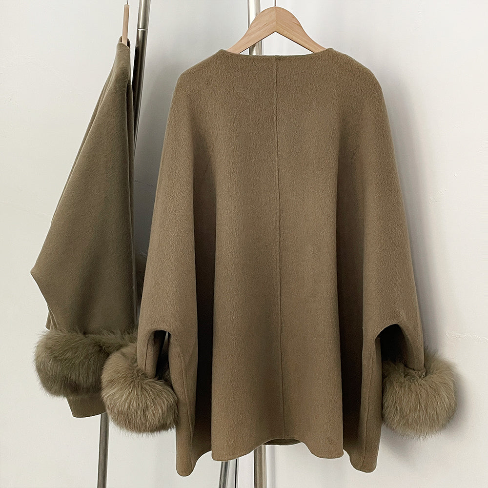 OFTBUY New Women's Double-Faced Wool Coat with Real Fox Fur Cuffs Round Neck Warm Winter Elegant Fashion Outerwear Woolen Coat