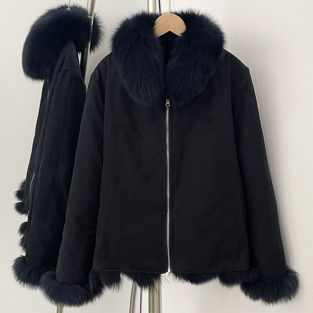 Navy blue reversible winter parka side showing windproof shell with real fox fur