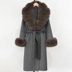 OFTBUY New Women's Double-Faced Wool Coat with Large Real Fox Fur Belted Warm Winter Luxury Fashion Outerwear Woolen Jacket Lady