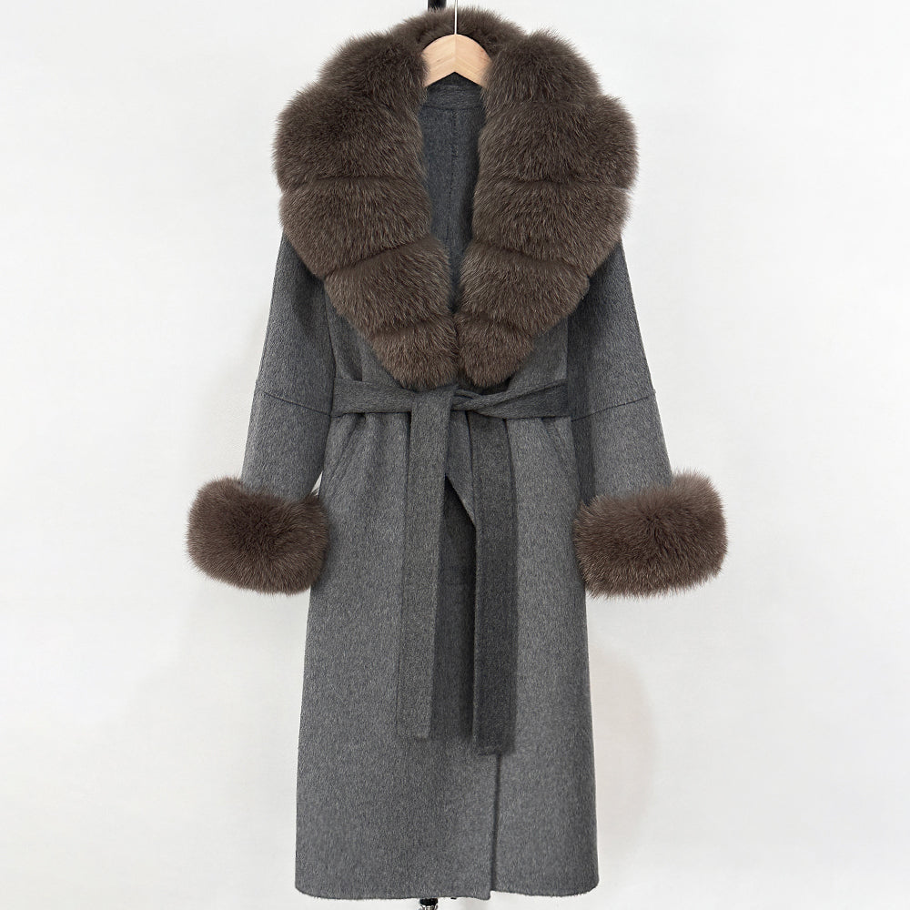 OFTBUY New Women's Double-Faced Wool Coat with Large Real Fox Fur Belted Warm Winter Luxury Fashion Outerwear Woolen Jacket Lady