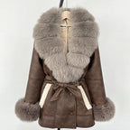 OFTBUY Large Natural Fox Fur Women Faux Leather Jacket Autumn Winter Fashion Ladies Warm Retor Faux Lamb Fur Coat Outwear