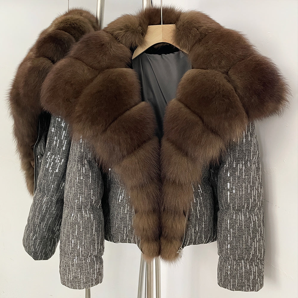 OFTBUY Sequined Duck Down Coat Female New Women's Short Puffer Jacket with Real Fox Fur Collar  Luxury Sparkly Winter Outerwear