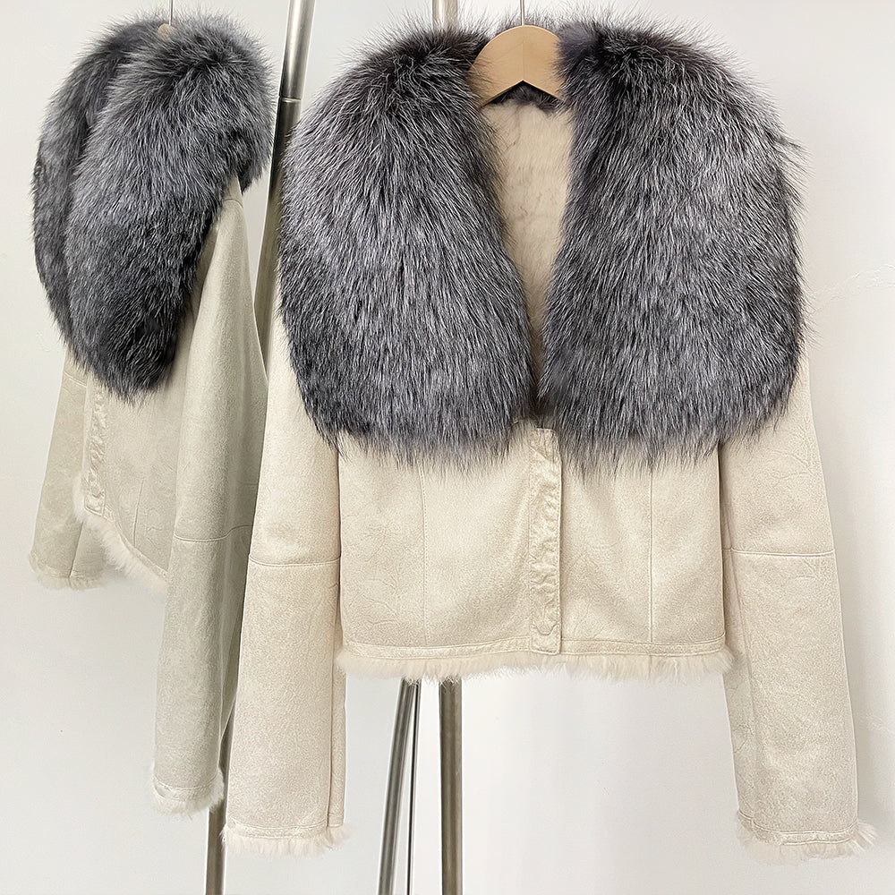 OFTBUY Luxury Suede Jacket with Real Rabbit Fur Lining & Oversized Fox/Raccoon Fur Collar