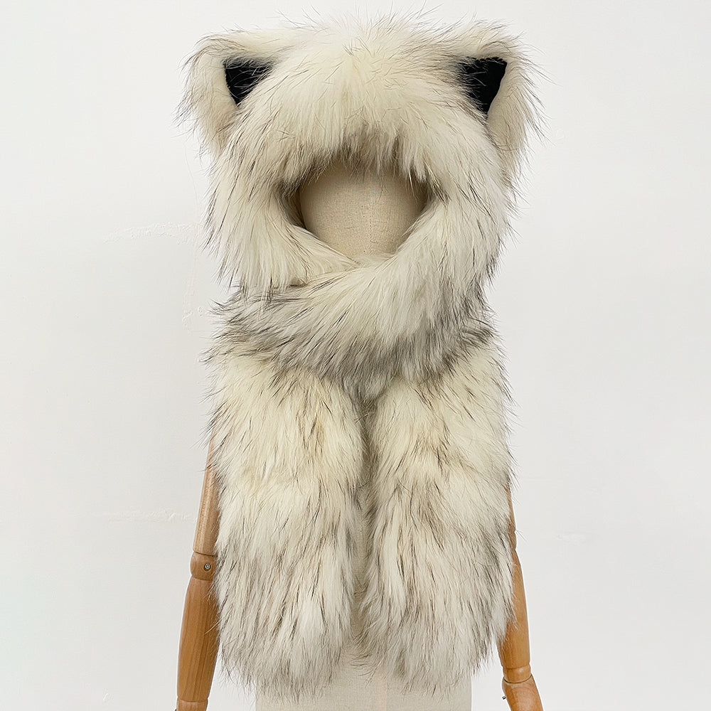 OFTBUY Thick Warm Cute Animal Natural Raccoon Fur Hat Scarf Women New Winter Windproof Cycling Caps Real Fur Muffler Female