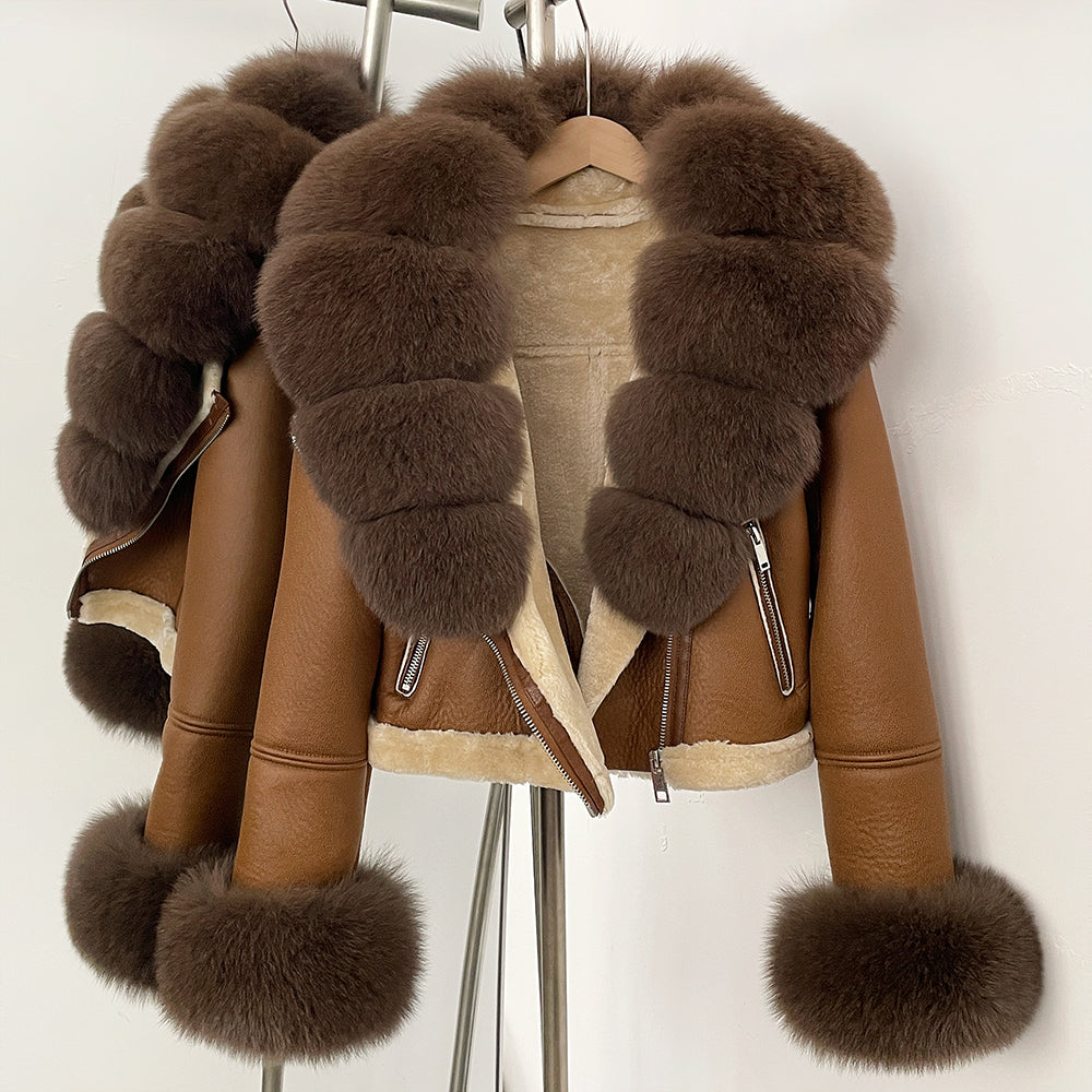OFTBUY New Winter Real Fox Fur Collar and Cuffs Clothes Women Short Faux Leather Fake Fur Inner Jacket Female Thick Warm Coat