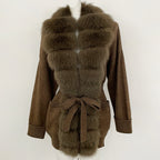 OFTBUY Trim Belted Waist Warm Winter Luxury Fashion Outerwear Sweater Female New Women's Knit Cardigan with Large Real Fox Fur