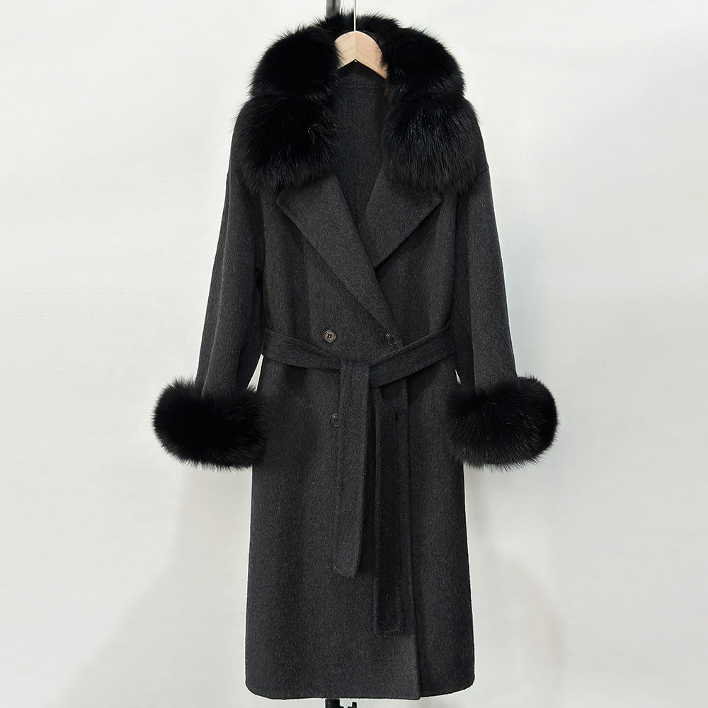 OFTBUY Fashion Warm Solid Long Wool Real Fur Jacket Female Natural Fox Fur Cuff Woolen Coat New Autumn Winter Black Clothes Lady