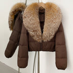 OFTBUY New Puffer Jacket Women with Large Natural Fox Fur Collar Short Fluffy Thick Parkas Female 90% White Duck Down Coat Lady