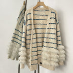 OFTBUY Stripe V-neck Real Fur Trim Sweater Coat Women New Spring Autumn Top Clothing Female Knitted Cardigans with Real Fox Fur