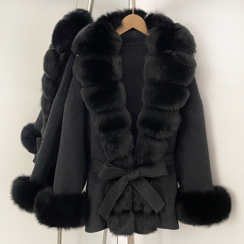 OFTBUY Big Natural Fox Fur Pinnacle 100% Wool Coat Female New Autumn Winter Clothes Women Belt Natural Fur Collar Woolen Jacket