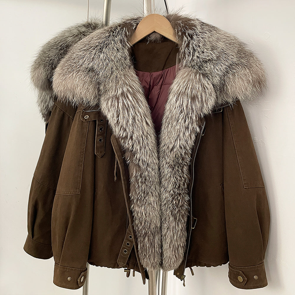 OFTBUY Loose Real Fox Fur Puffer Jacket Lady 100% Cotton Natural Fur Duck Down Coat Female New Winter Thick Warm Clothes Women