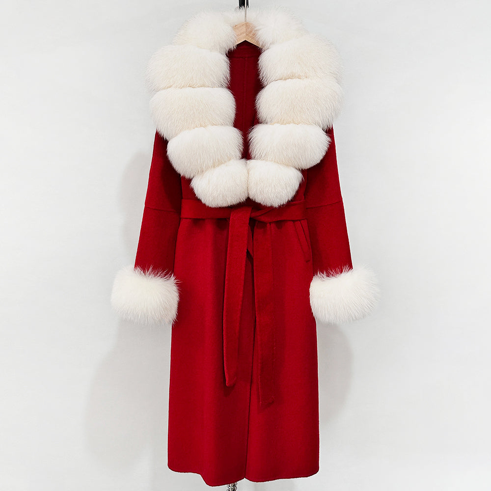 OFTBUY New Women's Double-Faced Wool Coat with Large Real Fox Fur Belted Warm Winter Luxury Fashion Outerwear Woolen Jacket Lady