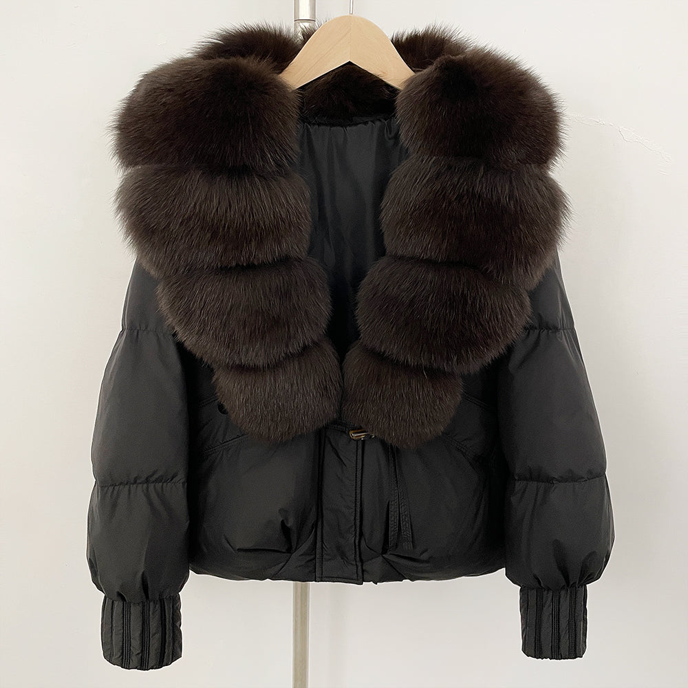OFTBUY Luxury 90% Duck Down Puffer Jacket with Oversized Real Fox Fur Collar - Short Tiered Winter Coat