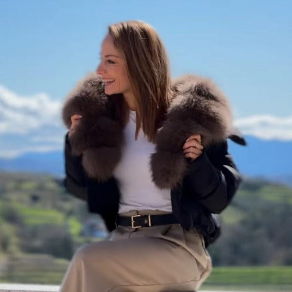 OFTBUY Luxury Cropped Puffer Jacket with Massive Real Fox Fur Collar - Premium 90% Duck Down Winter Coat